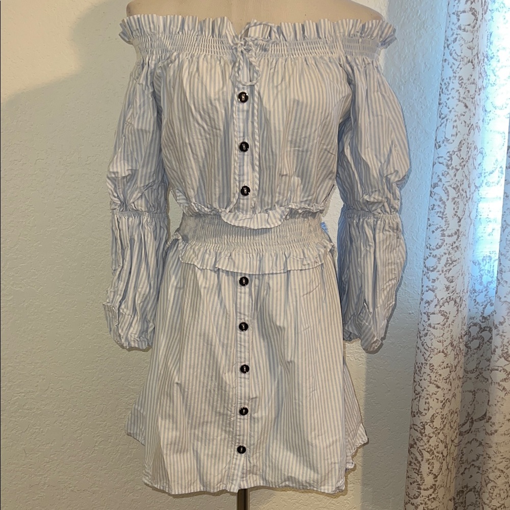 Smocked off the shoulder cotton shirt dress